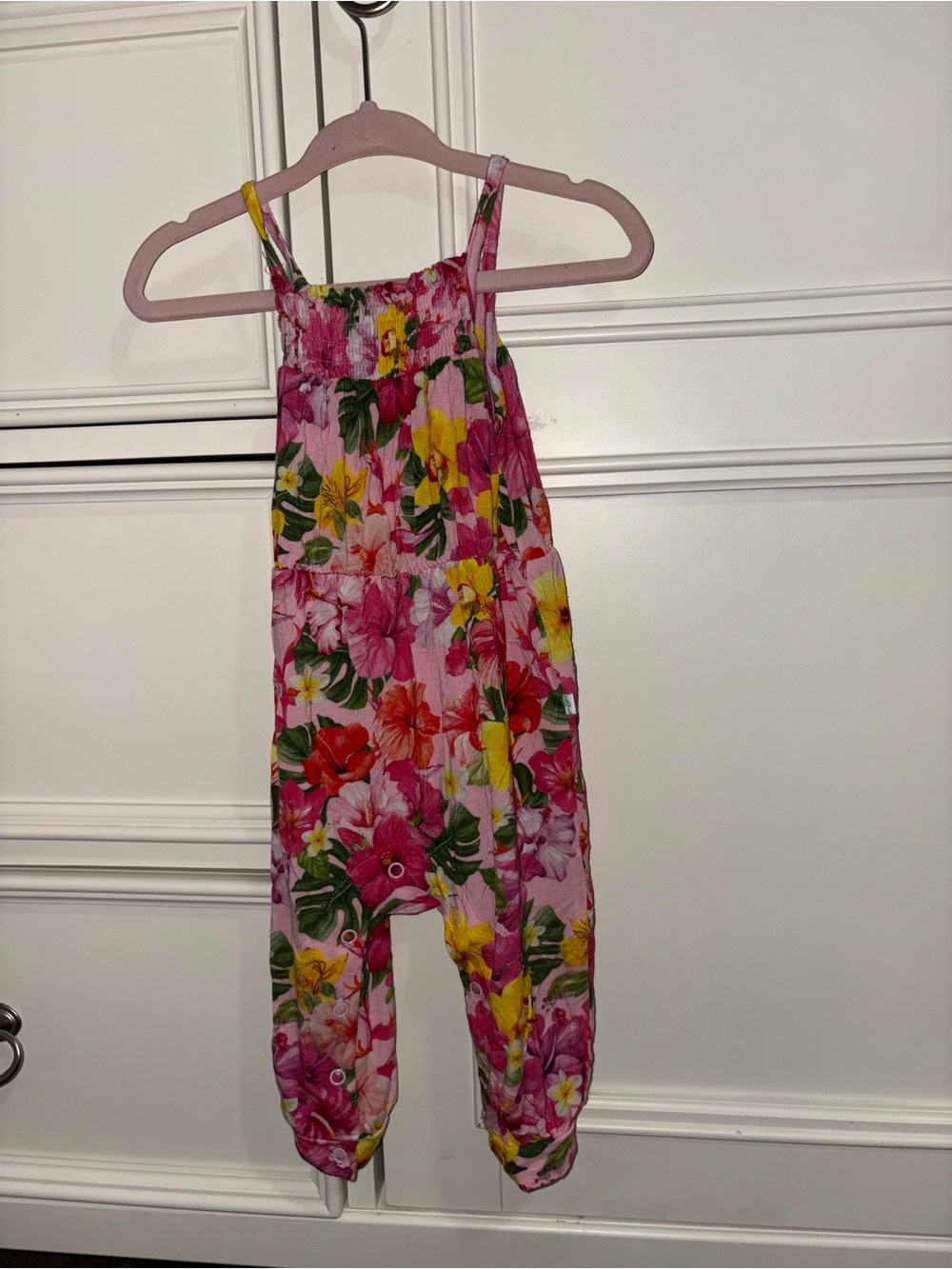 Posh Peanut Pink Floral Infant Girls Romper with Tropical Print